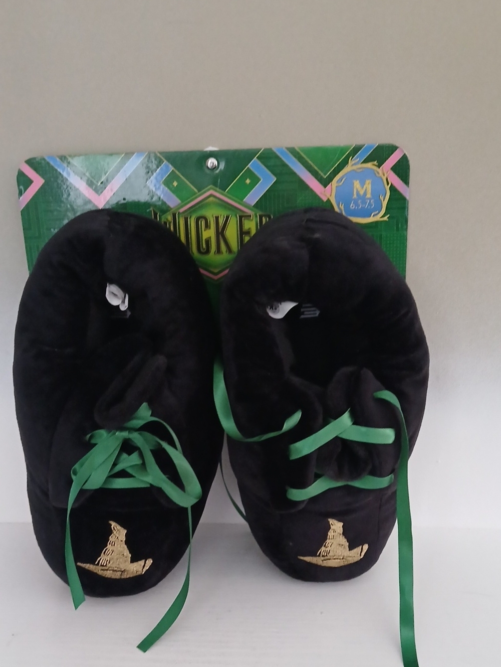Wicked Black Plush Slipper Shoes with Green Satin Laces - Picture 1 of 3